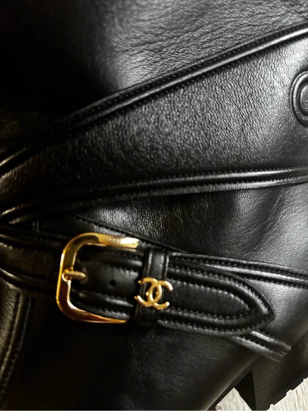 CHANEL Black Leather Low-Calf Buckle Heeled Boots